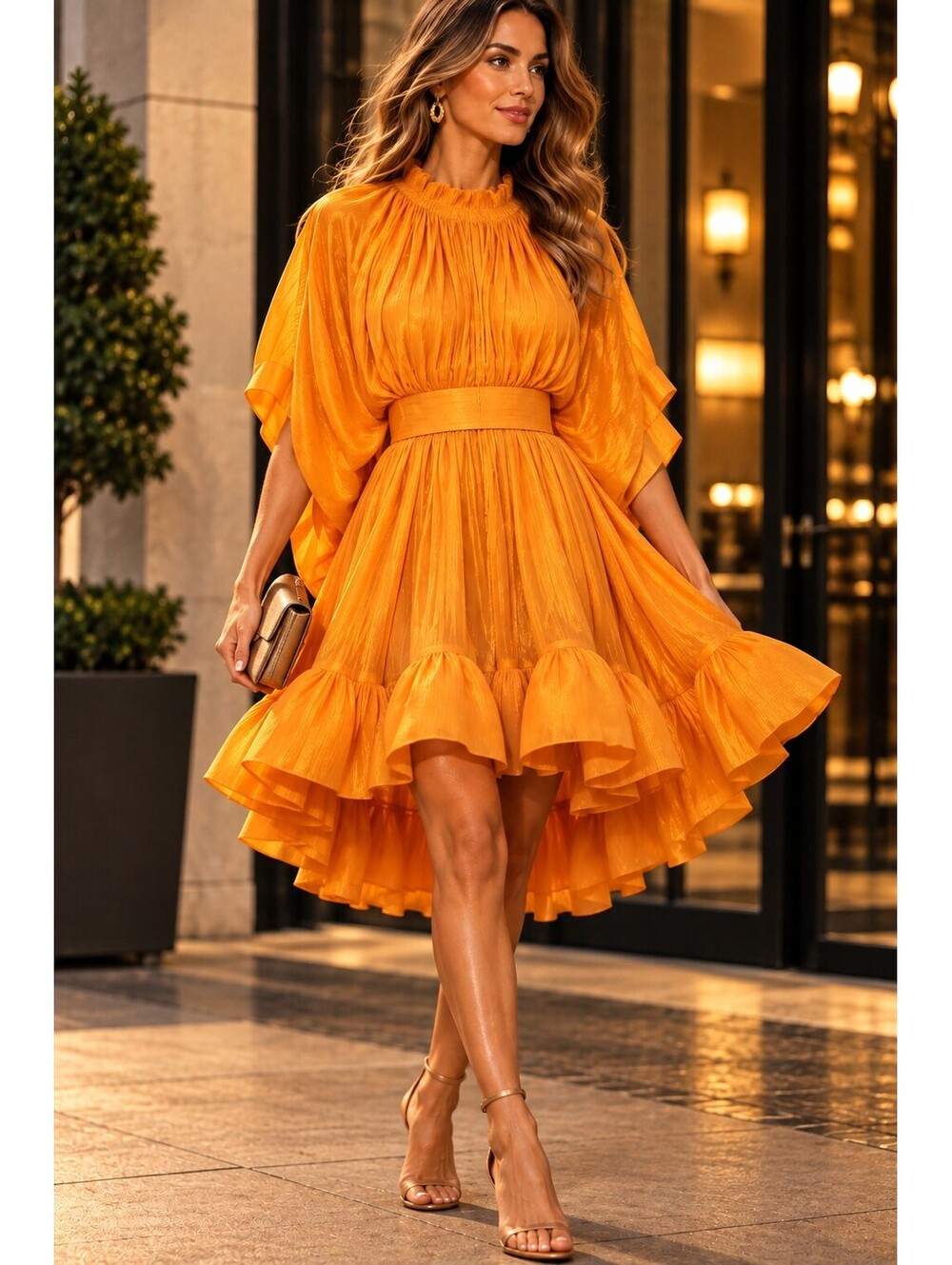 Kelly Obi My Favorite Crime Pleated Ruffle Mini Dress Orange M 8-10
